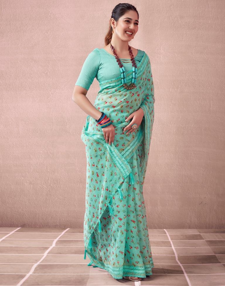 Turquoise Cotton Printed  Saree