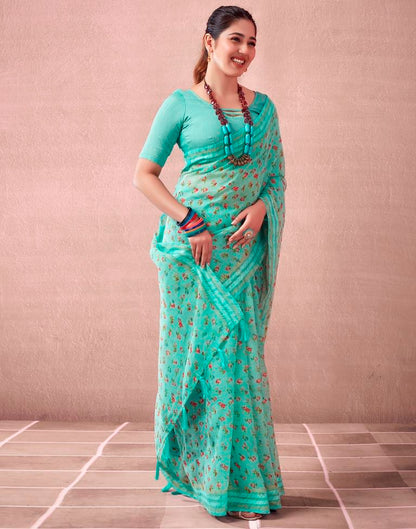 Turquoise Cotton Printed  Saree