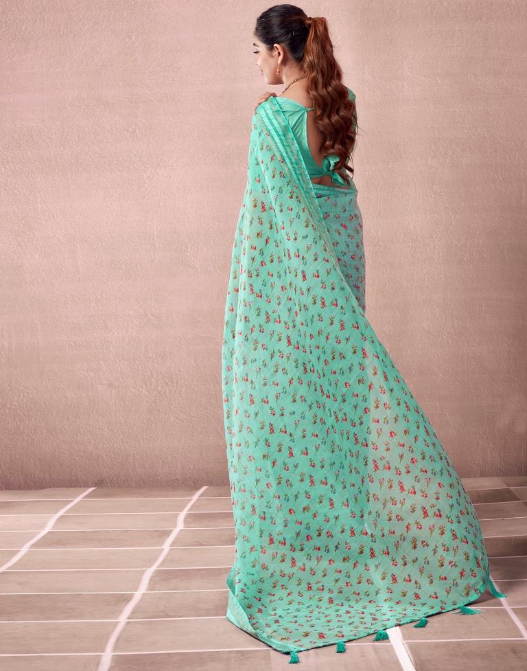 Turquoise Cotton Printed  Saree