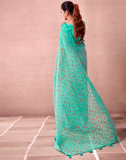 Turquoise Cotton Printed  Saree