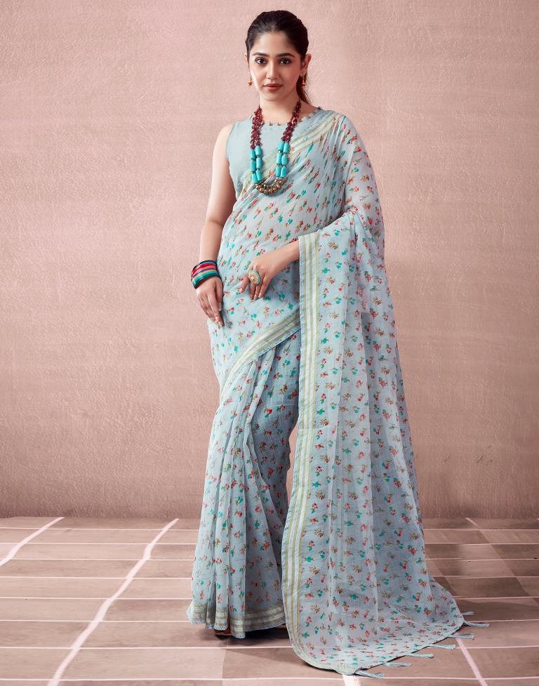 Grey &amp; Multicoloured Cotton Printed  Saree