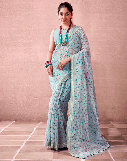 Grey &amp; Multicoloured Cotton Printed  Saree