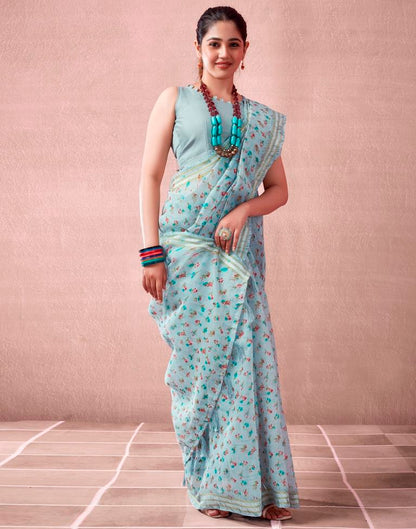 Grey &amp; Multicoloured Cotton Printed  Saree