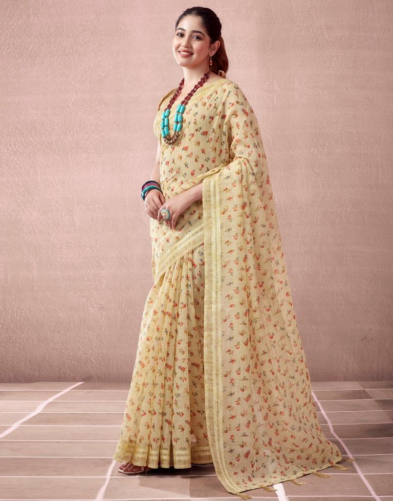 Beige Cotton Printed  Saree