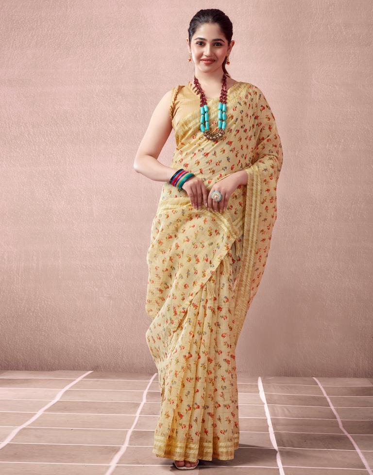 Beige Cotton Printed  Saree