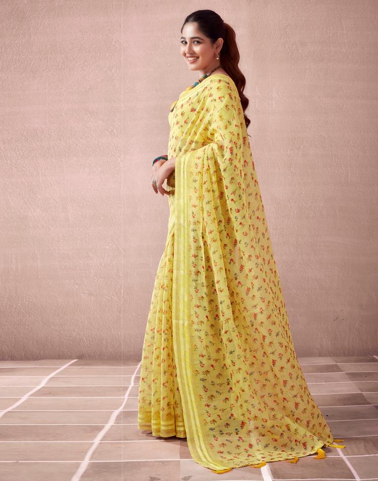 Yellow Cotton Printed  Saree