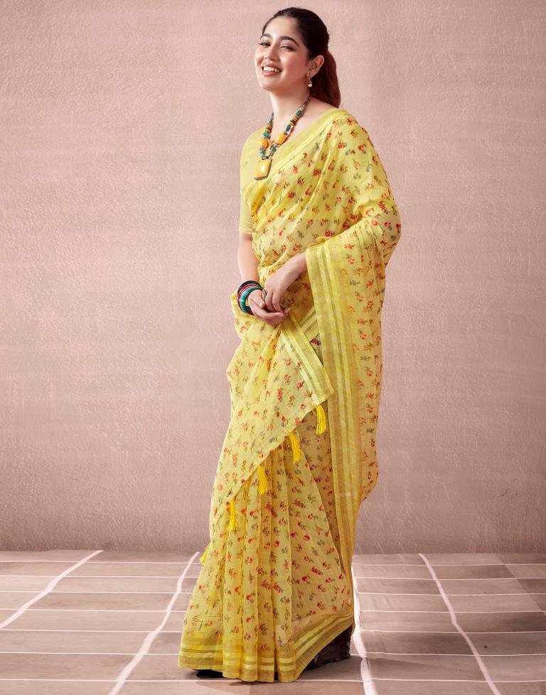 Yellow Cotton Printed  Saree