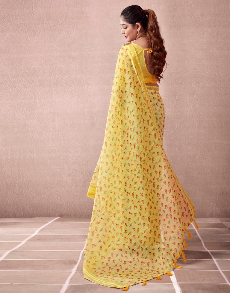 Yellow Cotton Printed  Saree