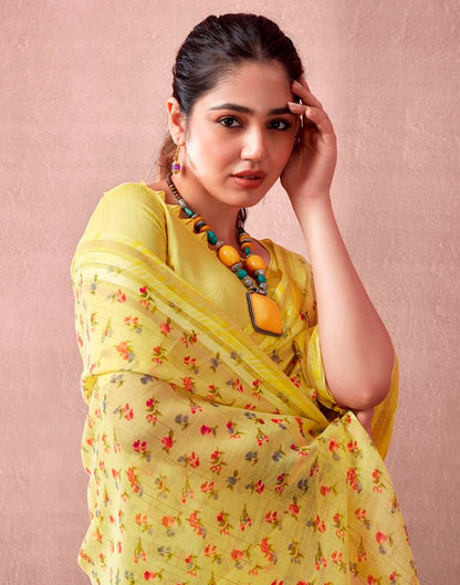 Yellow Cotton Printed  Saree