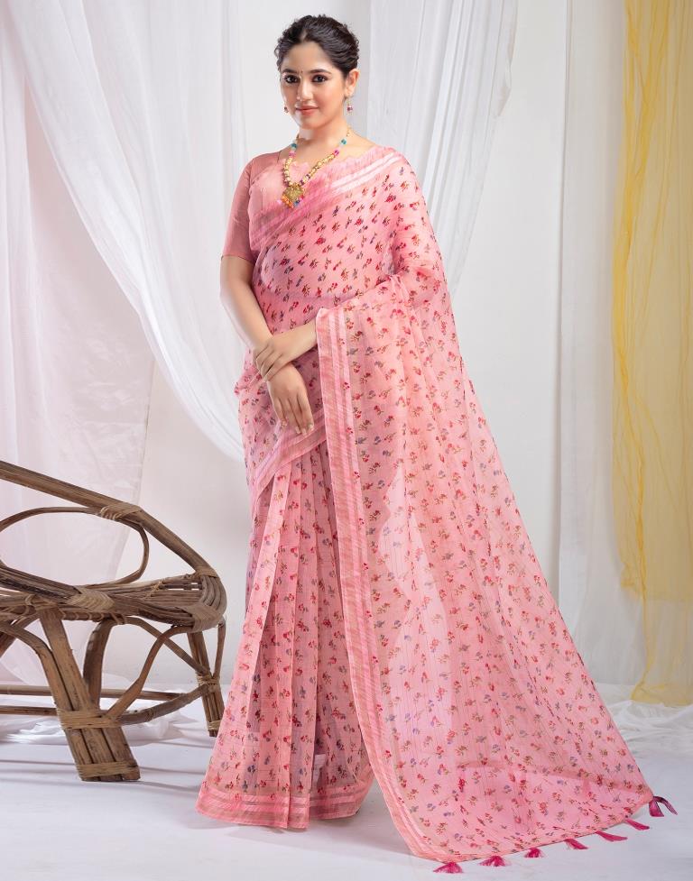 Light Pink Cotton Printed  Saree