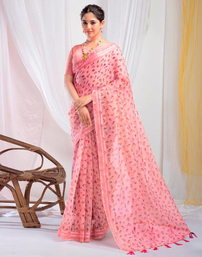 Light Pink Cotton Printed  Saree