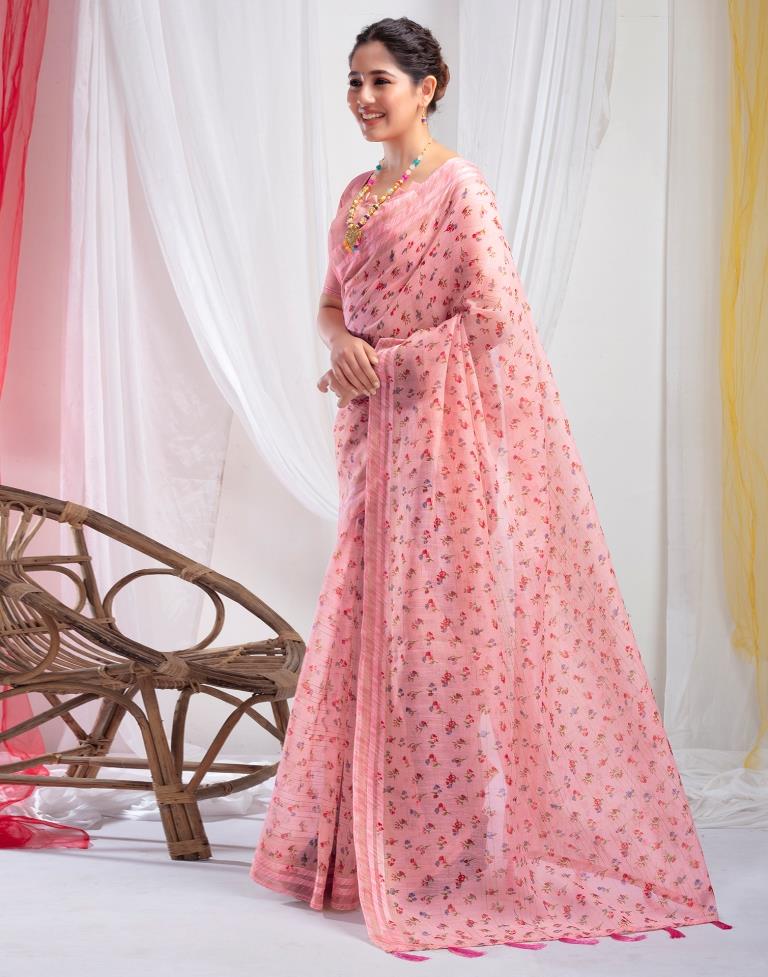 Light Pink Cotton Printed  Saree