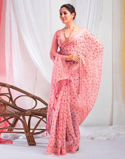 Light Pink Cotton Printed  Saree