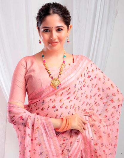 Light Pink Cotton Printed  Saree