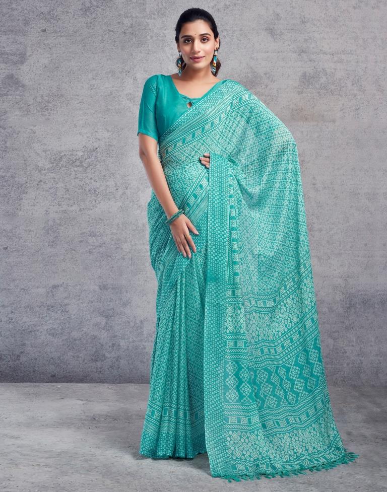 Turquoise Chiffon Printed  Saree