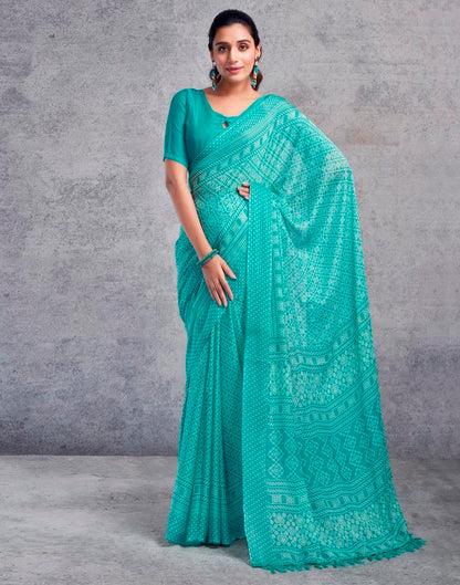 Turquoise Chiffon Printed  Saree