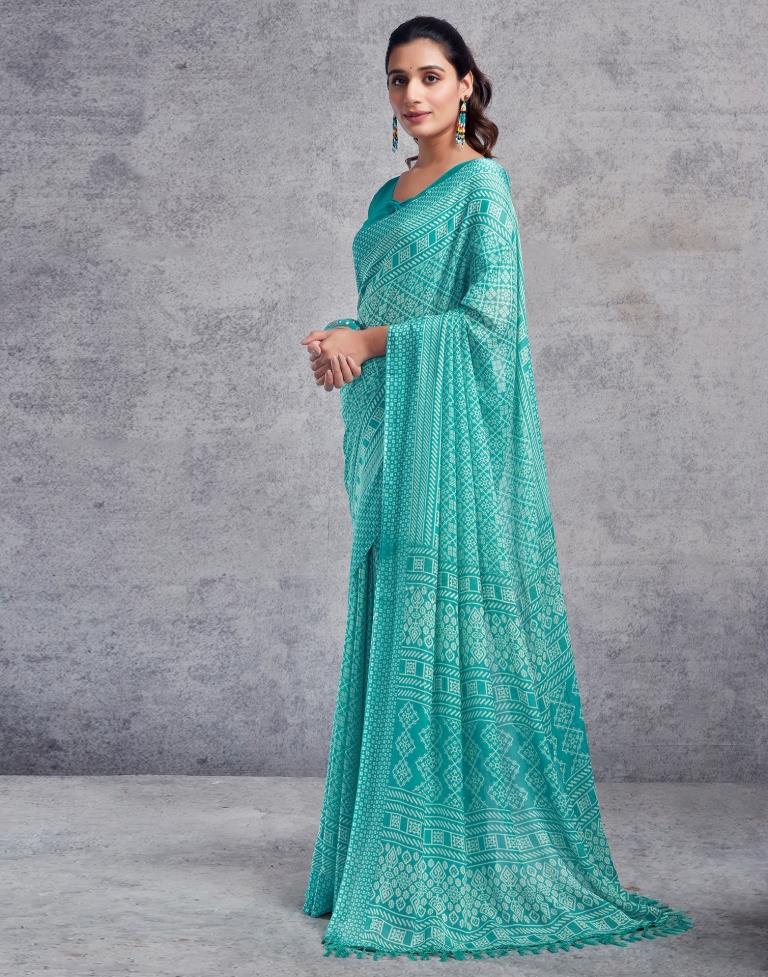 Turquoise Chiffon Printed  Saree