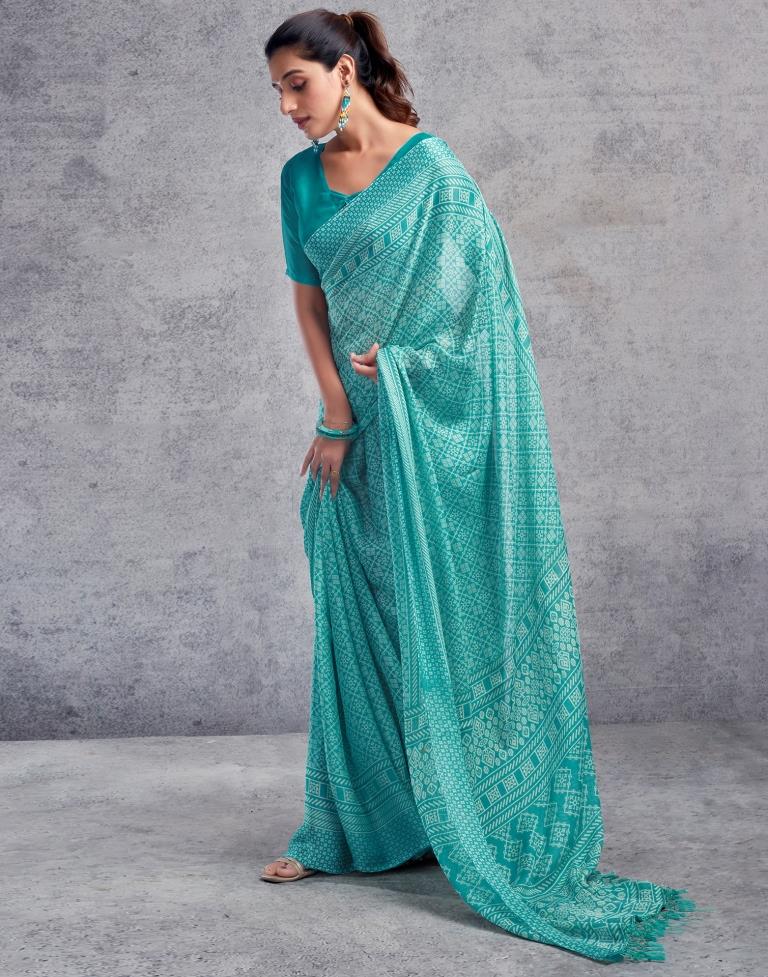 Turquoise Chiffon Printed  Saree