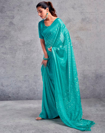 Turquoise Chiffon Printed  Saree