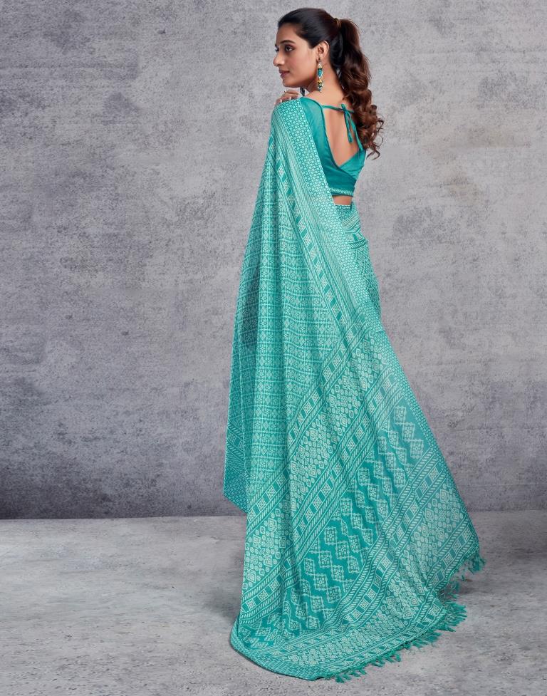 Turquoise Chiffon Printed  Saree