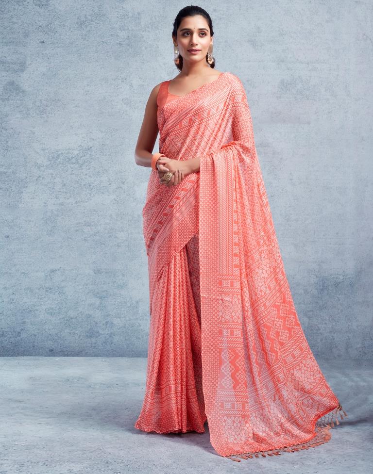 Peach Chiffon Printed  Saree