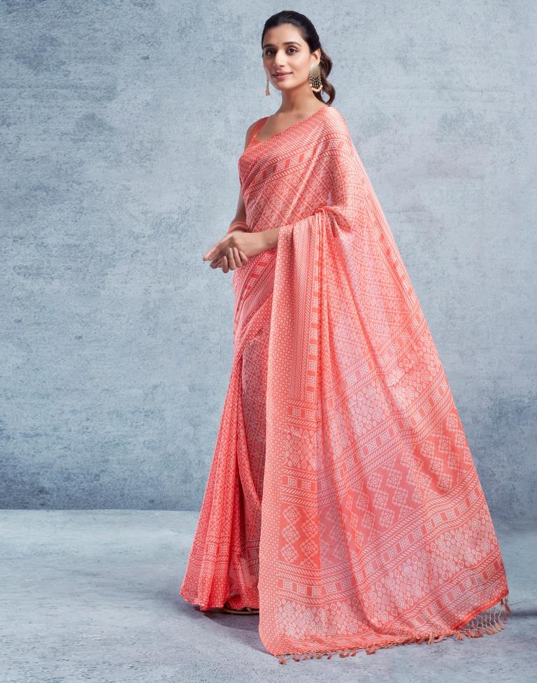 Peach Chiffon Printed  Saree