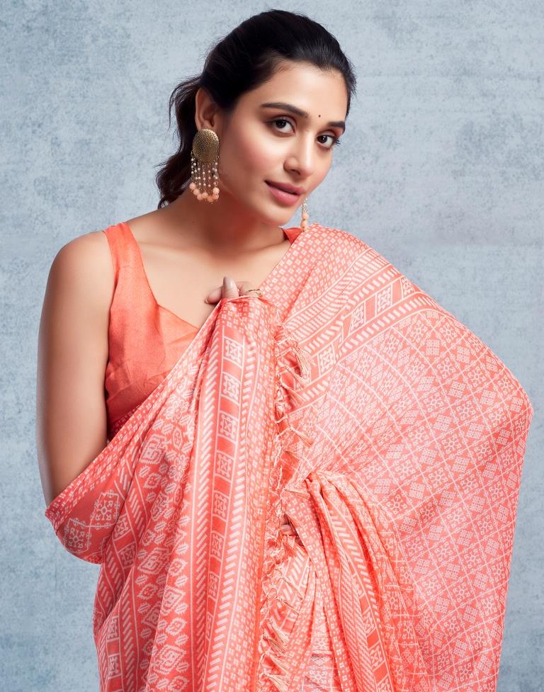 Peach Chiffon Printed  Saree