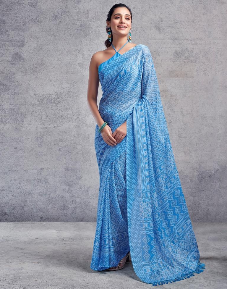 Blue Chiffon Printed  Saree