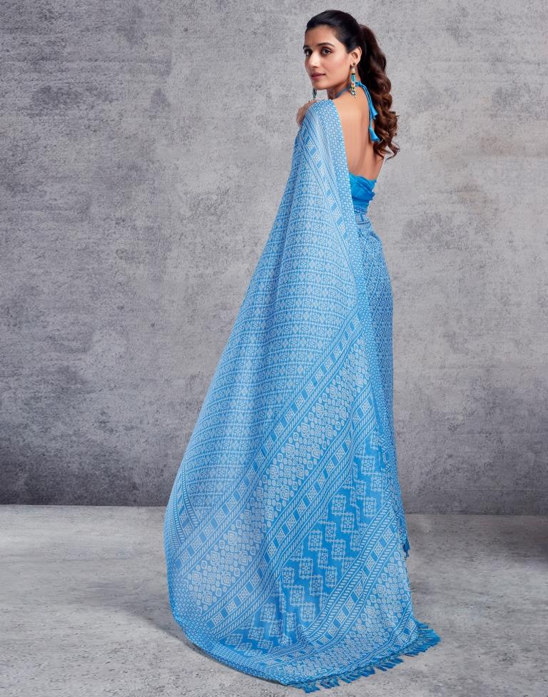 Blue Chiffon Printed  Saree