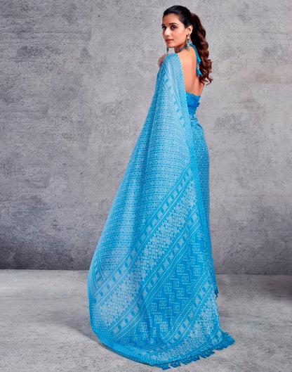 Blue Chiffon Printed  Saree