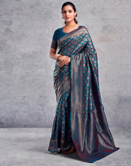 Teal Blue Silk Plain Saree