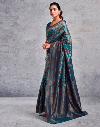 Teal Blue Silk Plain Saree