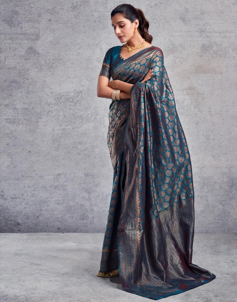 Teal Blue Silk Plain Saree