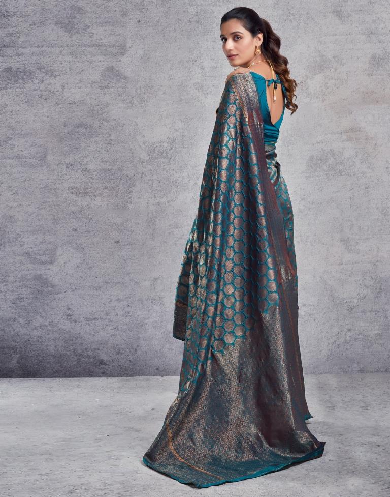 Teal Blue Silk Plain Saree