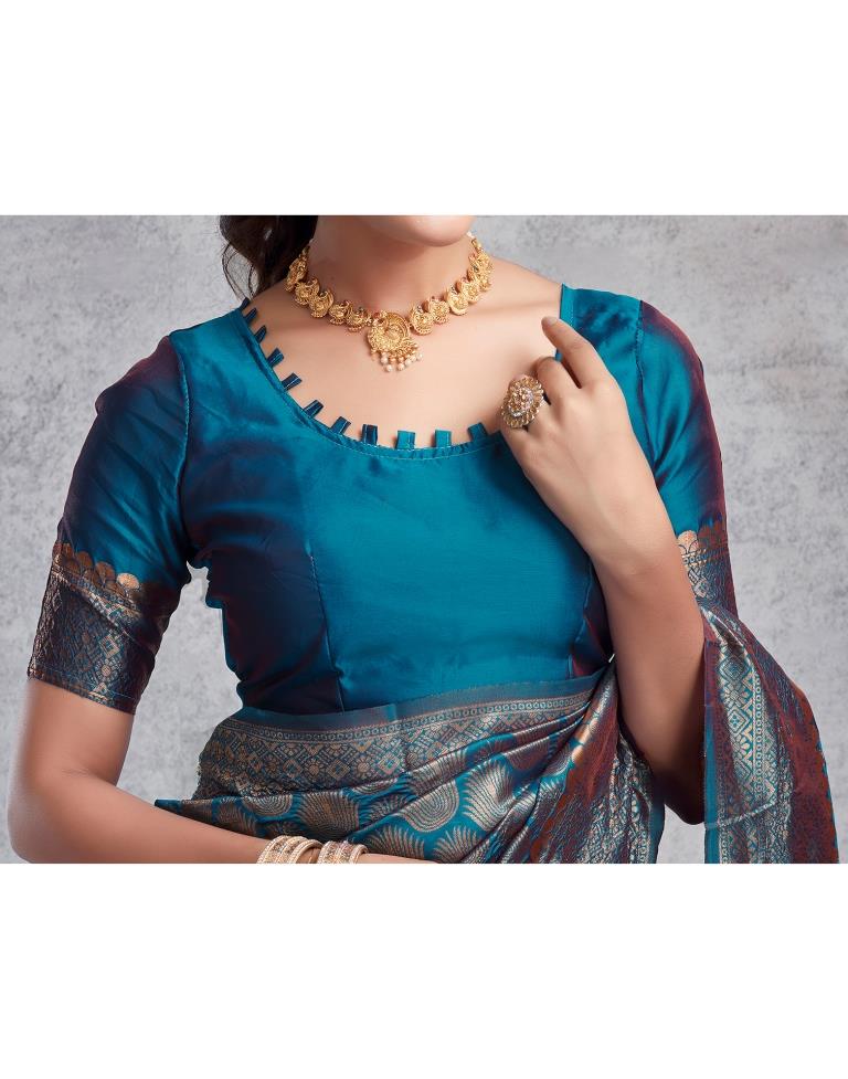 Teal Blue Silk Plain Saree