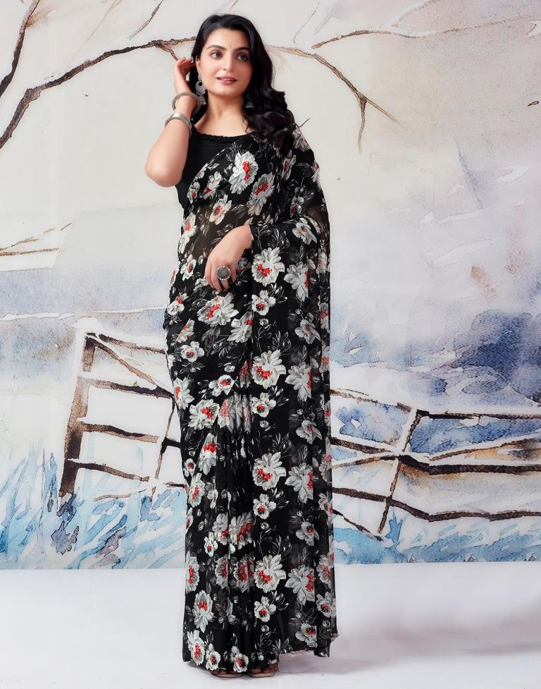 Black &amp; Multicolour Georgette Printed  Saree