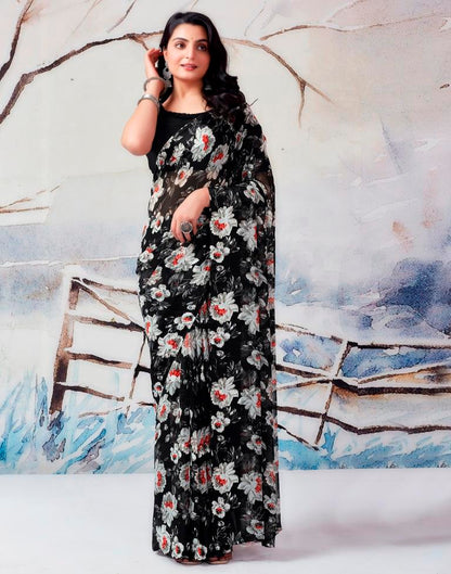 Black &amp; Multicolour Georgette Printed  Saree