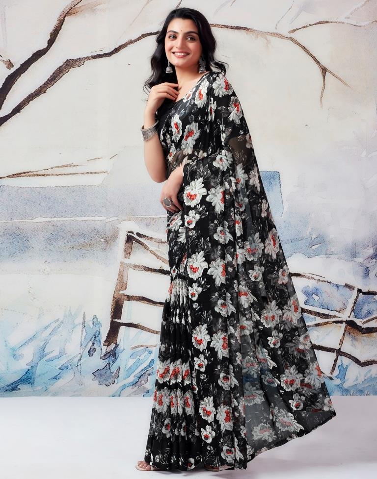 Black &amp; Multicolour Georgette Printed  Saree