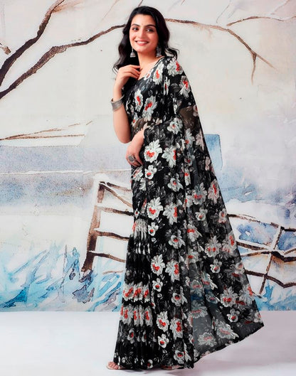 Black &amp; Multicolour Georgette Printed  Saree