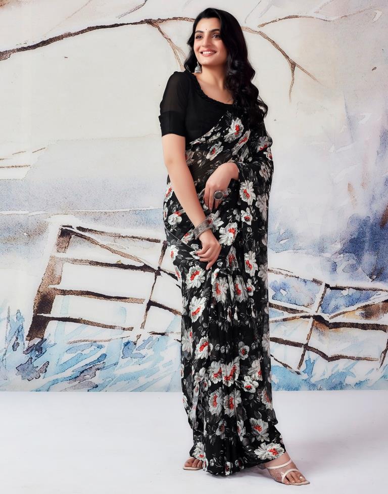 Black &amp; Multicolour Georgette Printed  Saree