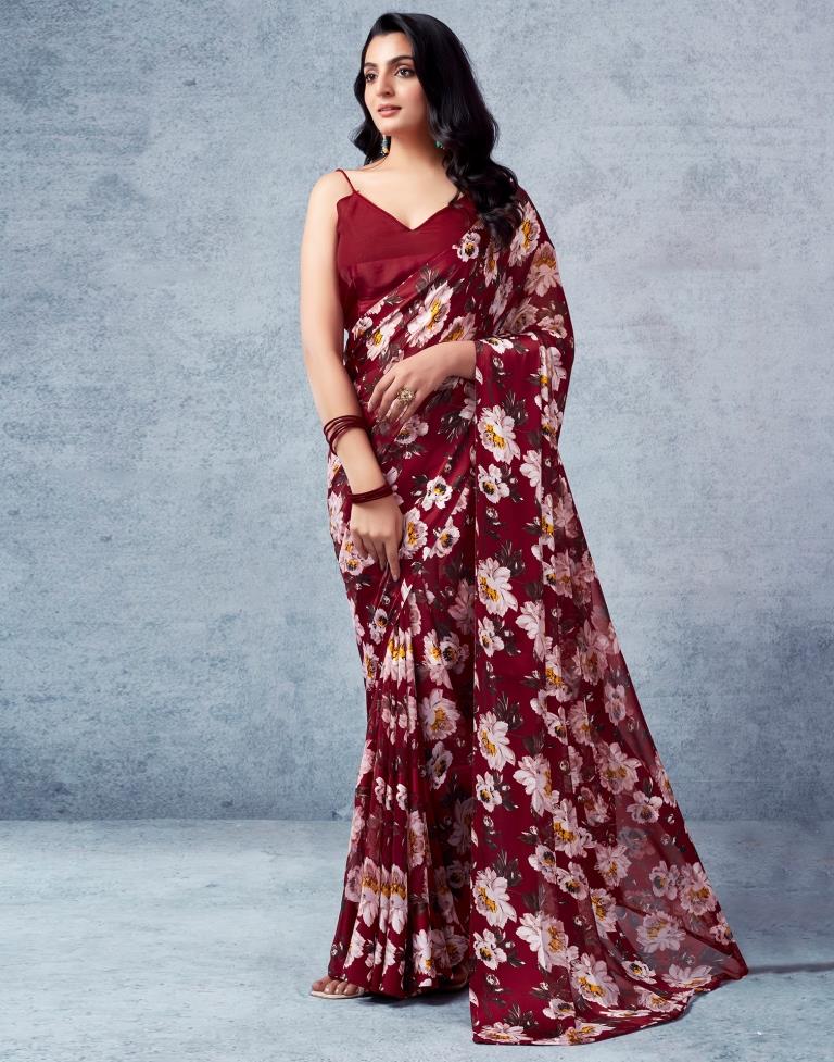 Maroon Georgette Printed  Saree