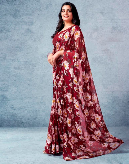 Maroon Georgette Printed  Saree