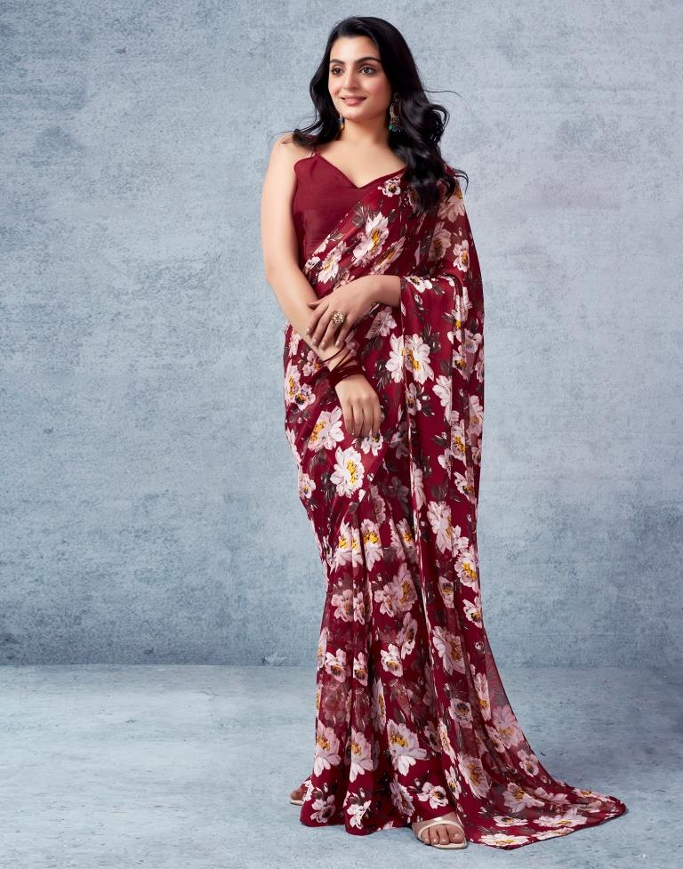 Maroon Georgette Printed  Saree