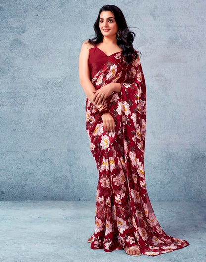 Maroon Georgette Printed  Saree