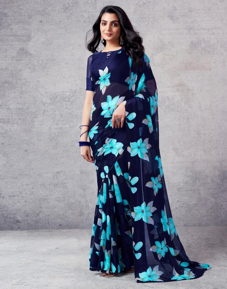 Navy Blue Georgette Printed  Saree