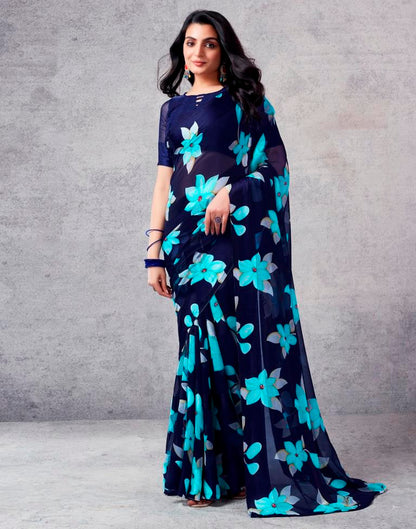 Navy Blue Georgette Printed  Saree