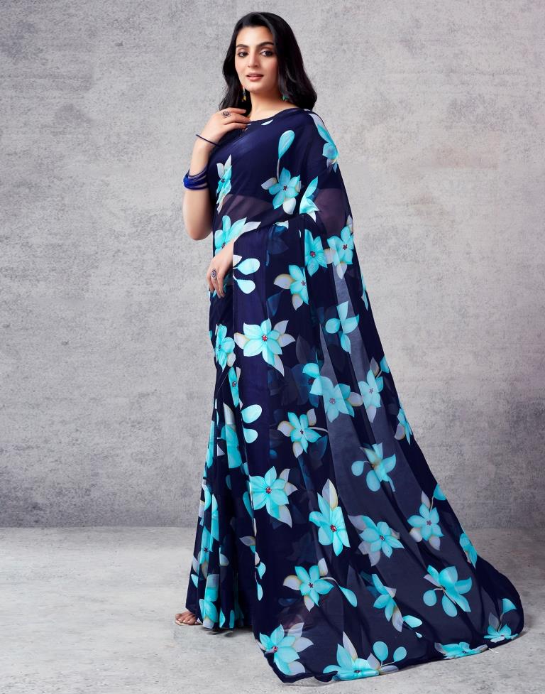 Navy Blue Georgette Printed  Saree