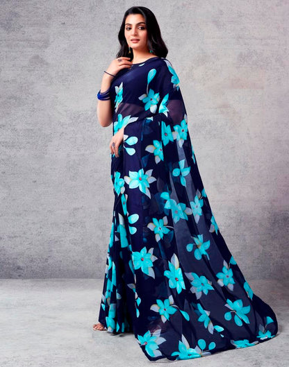 Navy Blue Georgette Printed  Saree