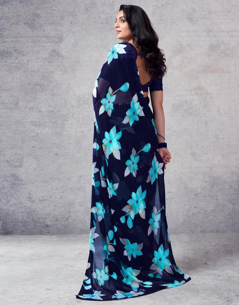 Navy Blue Georgette Printed  Saree