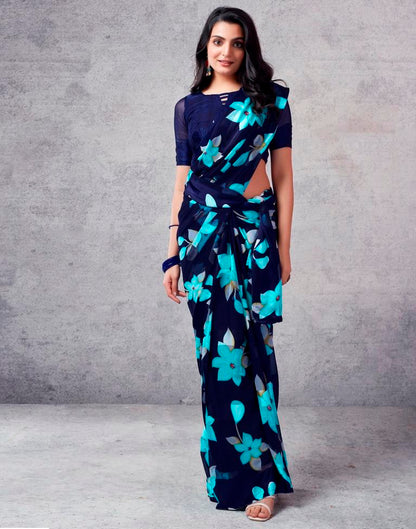 Navy Blue Georgette Printed  Saree